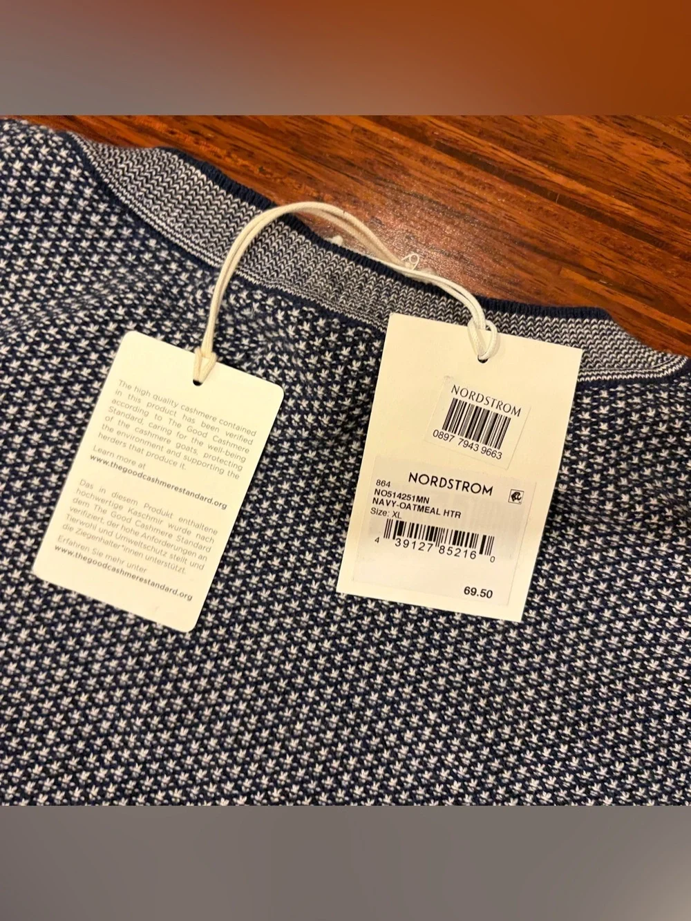 NWT Nordstrom Men's XL Navy & Oatmeal Birdseye Cashmere Cotton Sweater